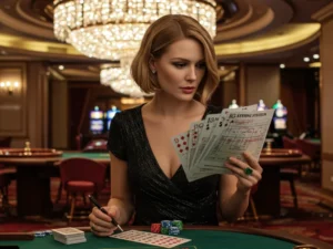 Elegant woman walking through a luxurious casino floor while analyzing betting systems.