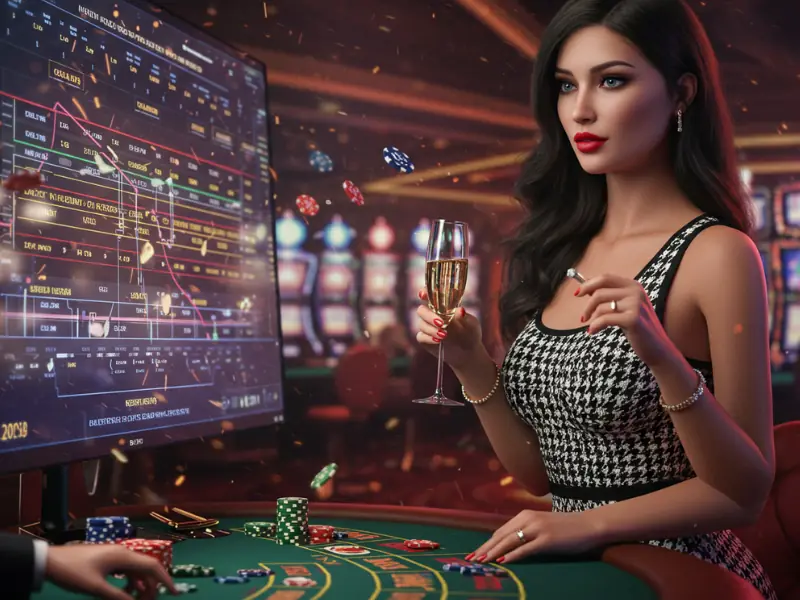 A sophisticated gambler studying betting systems inside a high-end casino environment.