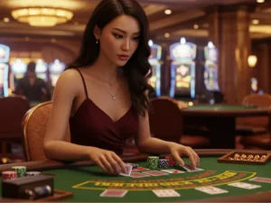 Young woman deeply focused while playing at the www pagcor portal ph casino table.