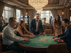 friends having fun playing casino card games together at bwenas luckyspin online platform