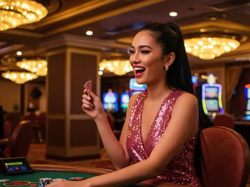 excited lady winning chips while playing cards and slot games at jili mine casino, celebrating her big win