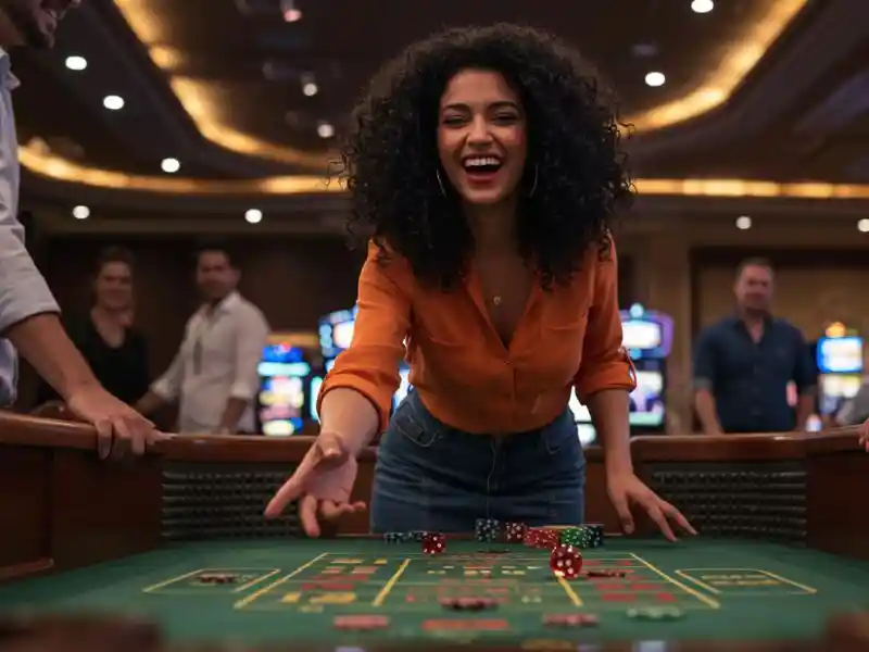 lucky girl spinning roulette and winning chips at jili mine casino, excited and happy while playing