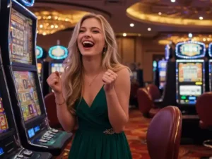 woman enjoying pusoy card gameOnline while playing roulette, smiling and having fun at a lively casino