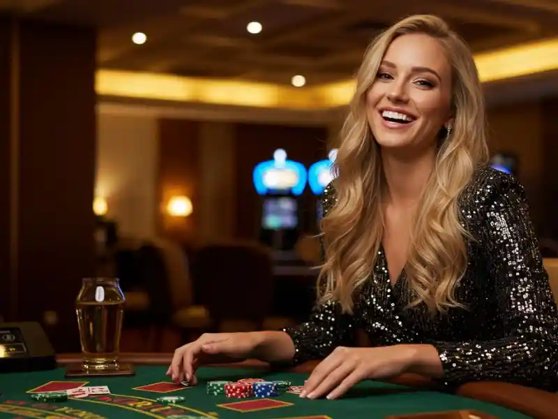 joyful woman playing casino games online at winfinity money games platform, smiling while enjoying slots and cards