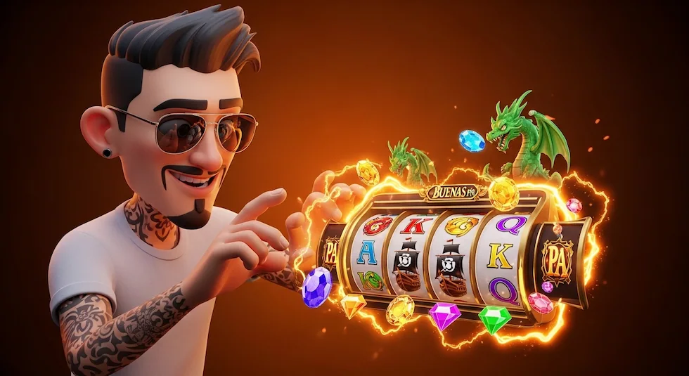 A 3D character learning how to play Buenas Ph slot games with interactive digital reels