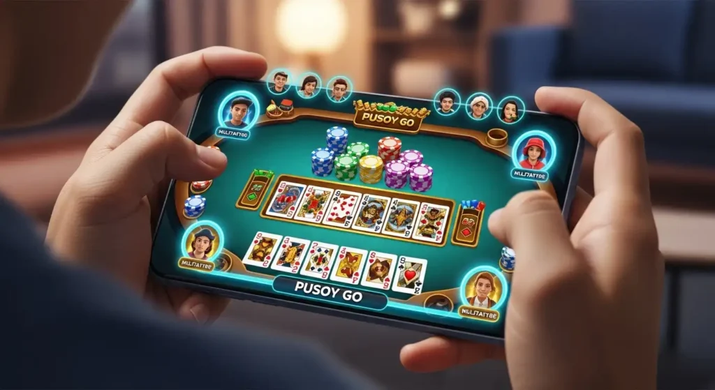 Filipino gamer playing Pusoy Go Mobile on a smartphone with colorful cards and digital chips.