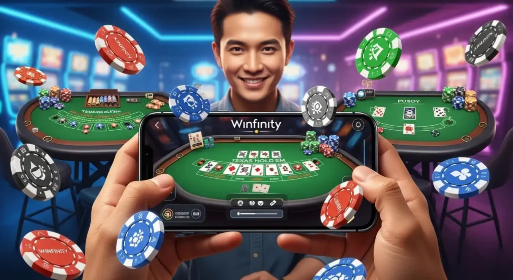 Filipino player enjoying Winfinity card games on a smartphone with poker blackjack and Pusoy displayed