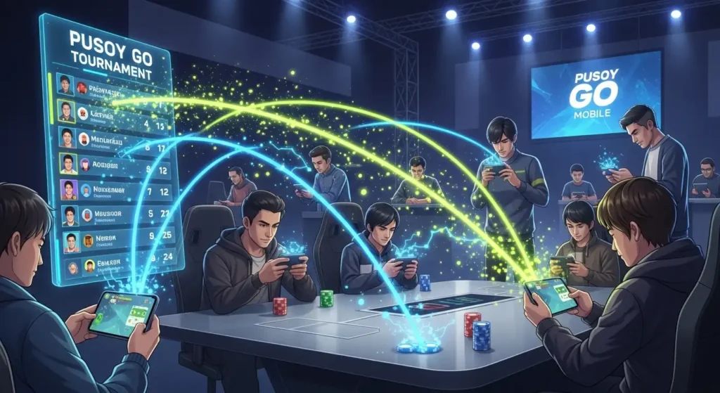 Mobile Pusoy Go tournament with players smartphones and leaderboard in a dynamic digital environment