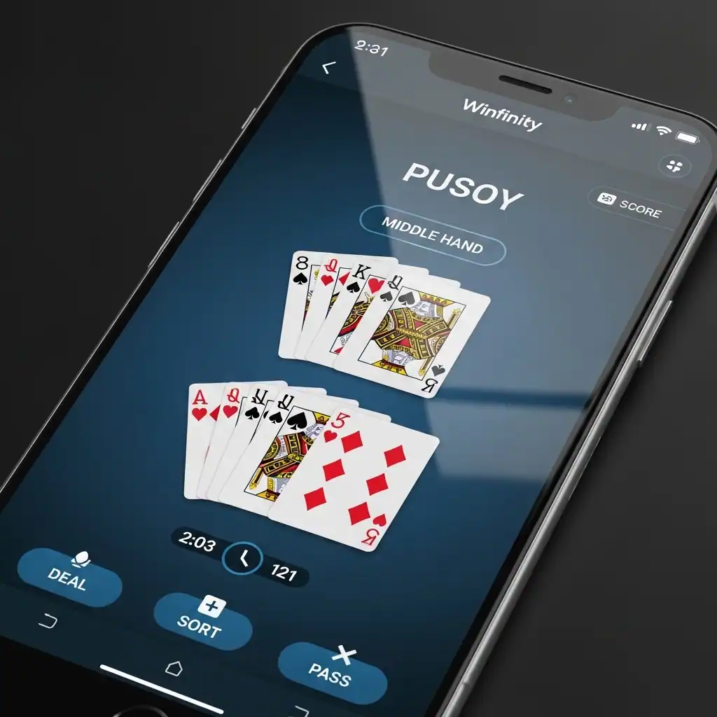 Smartphone displaying a Winfinity Pusoy hand with smooth interface and interactive game features