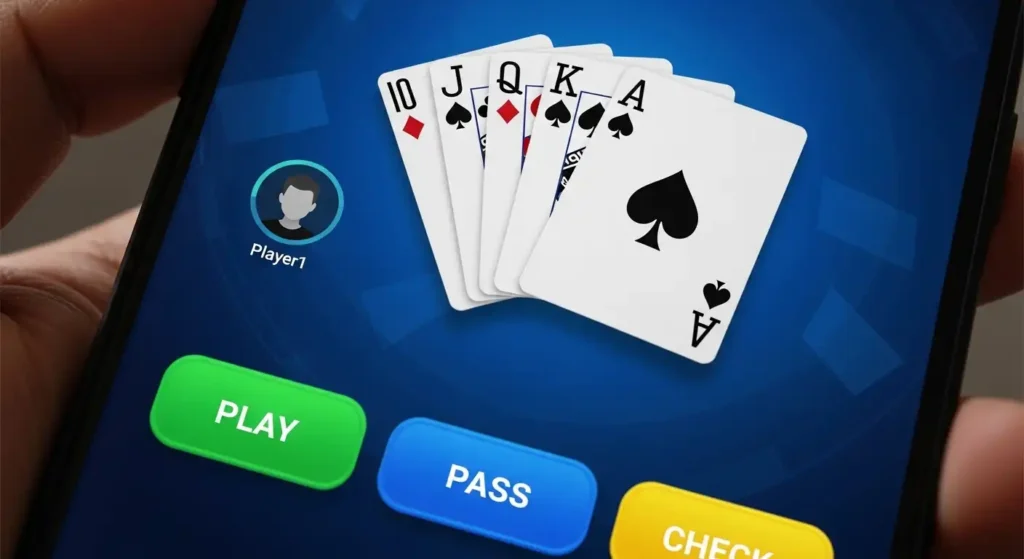 Smartphone screen displaying Pusoy Go Mobile hand with Royal Flush and interactive game interface