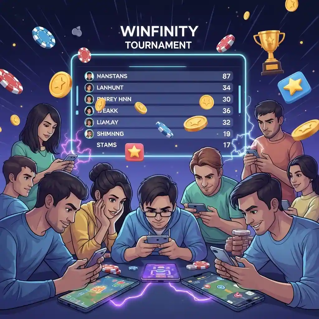 Winfinity online card game tournament with players on mobile devices and a digital leaderboard