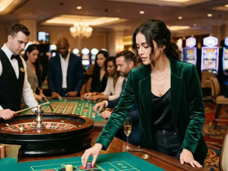 Stylish woman placing a bet at a casino roulette table near a monkey slot game