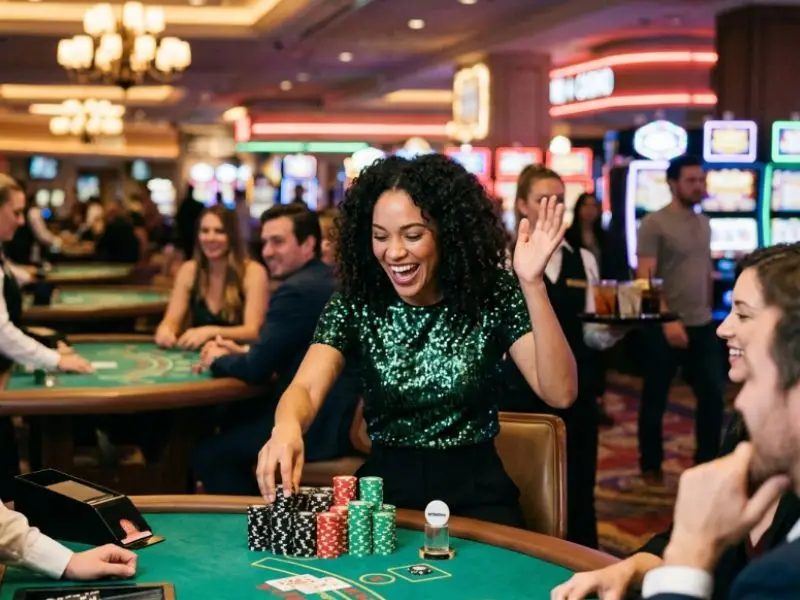 Woman celebrating casino win while enjoying monkey slot game in a lively casino environment
