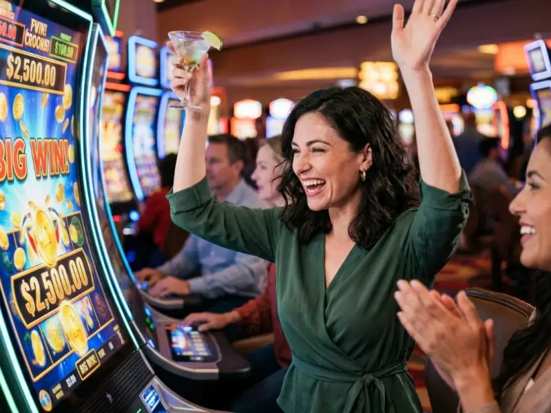 Woman celebrating a slot machine win while playing a monkey slot game at a casino, showing excitement and joy.