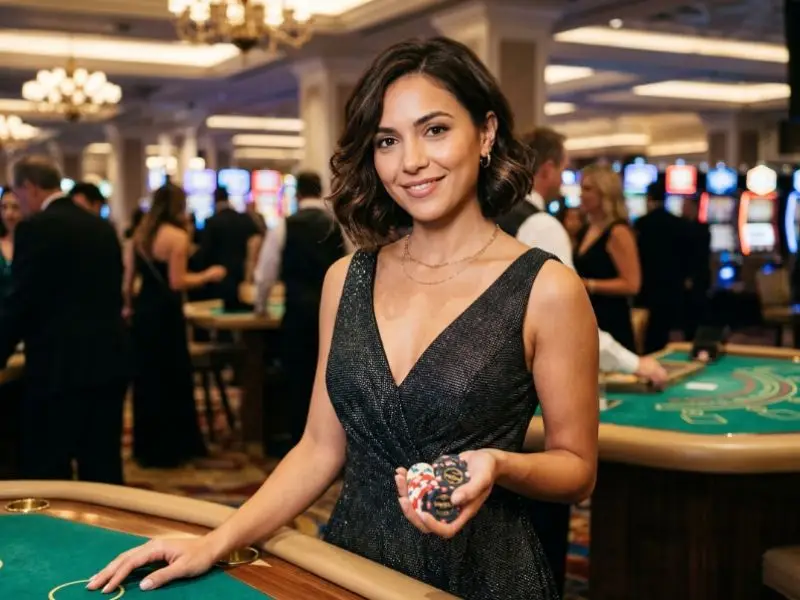 monkey slot game – young lady holding casino chips while sitting at a casino table