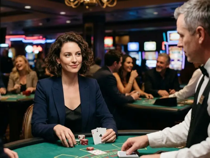Confident lady playing blackjack in a casino with RTG slot games in the background