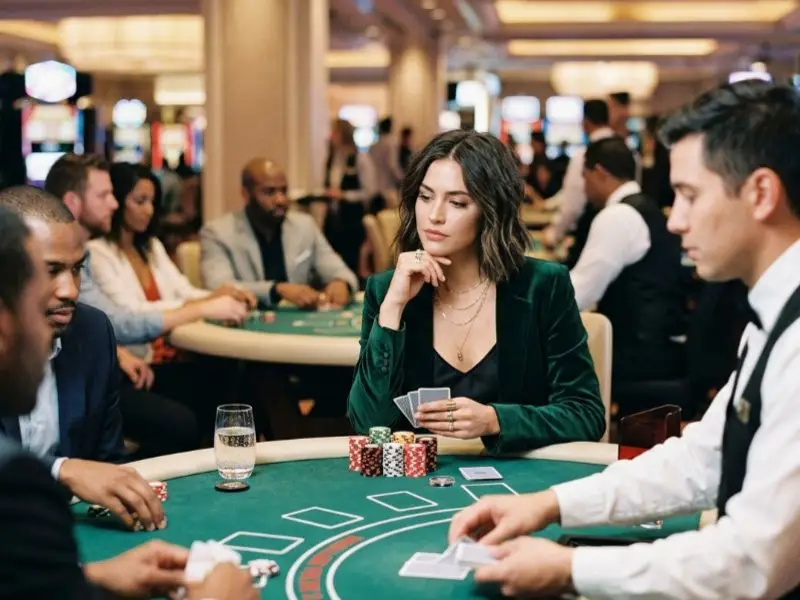 Fashionable woman player enjoying rtg slot games at a poker table in a luxurious casino.