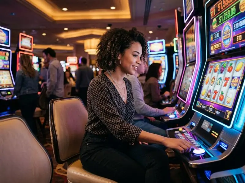 Woman playing rtg slot games on a casino slot machine