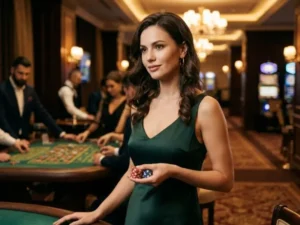 Woman holding casino chips while playing RTG slot games in an online casino setting.