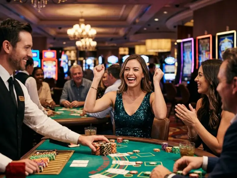 Beautiful woman celebrating a big win while playing the t-rex slot machine in an online casino.
