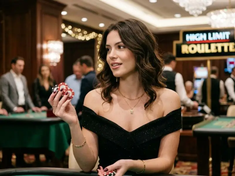 Elegant young lady holding casino chips while playing t-rex slot game