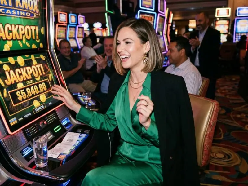 Stylish woman celebrating a big win while playing the t-rex slot machine in a vibrant casino.