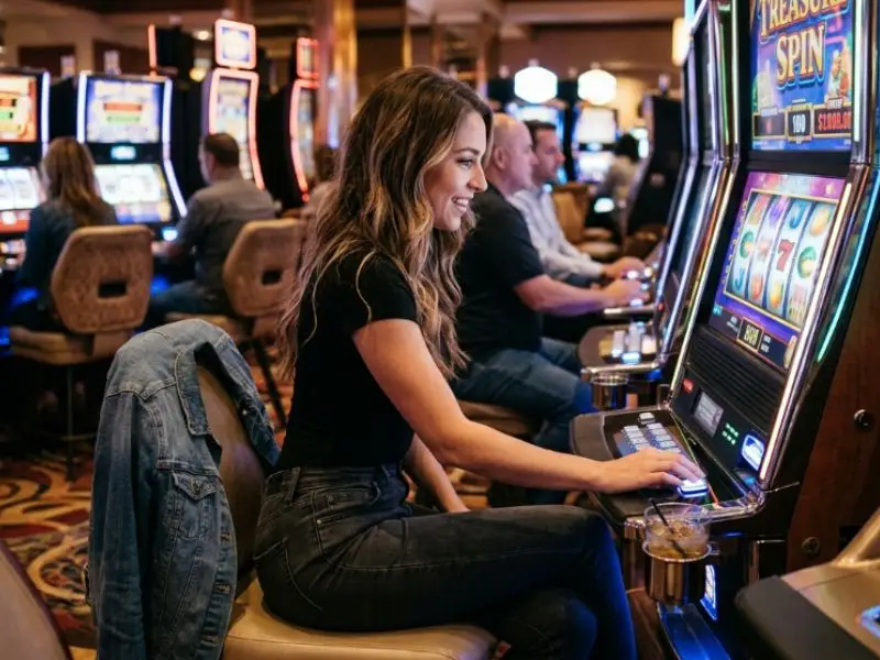 Young woman enjoying the t-rex slot game on a casino slot machine.