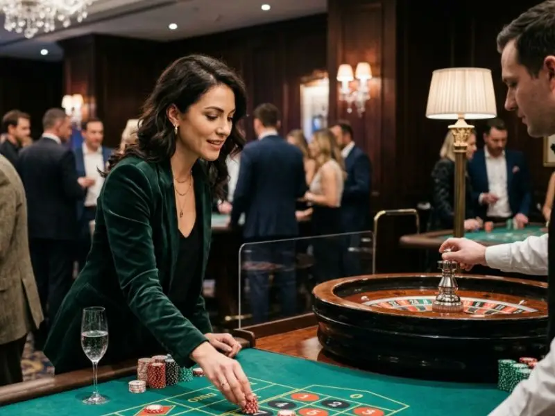 Attractive lady gambler playing roulette at a casino table featuring the 55bmw slot casino atmosphere