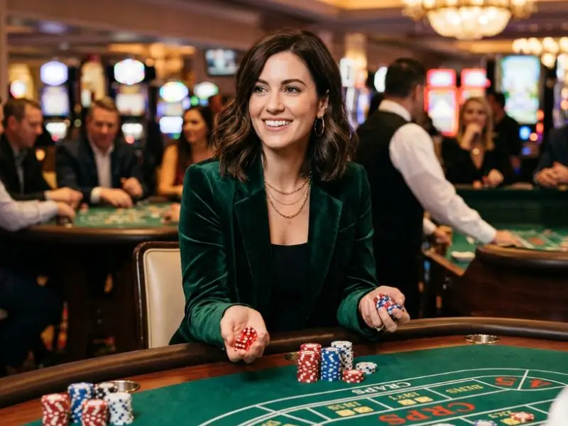 55bmw slot casino promotional image featuring a beautiful woman holding casino chips and dice in a casino setting.