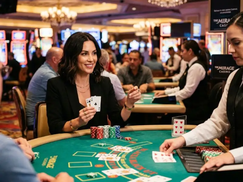 Confident woman playing blackjack at a casino table, showcasing focus and excitement while engaging in gameplay related to 55bmw slot casino.