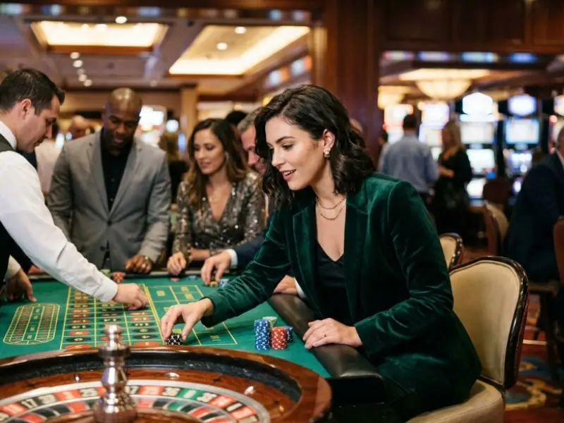 8k8 slots online – female gambler playing roulette at a casino table inside a physical casino setting