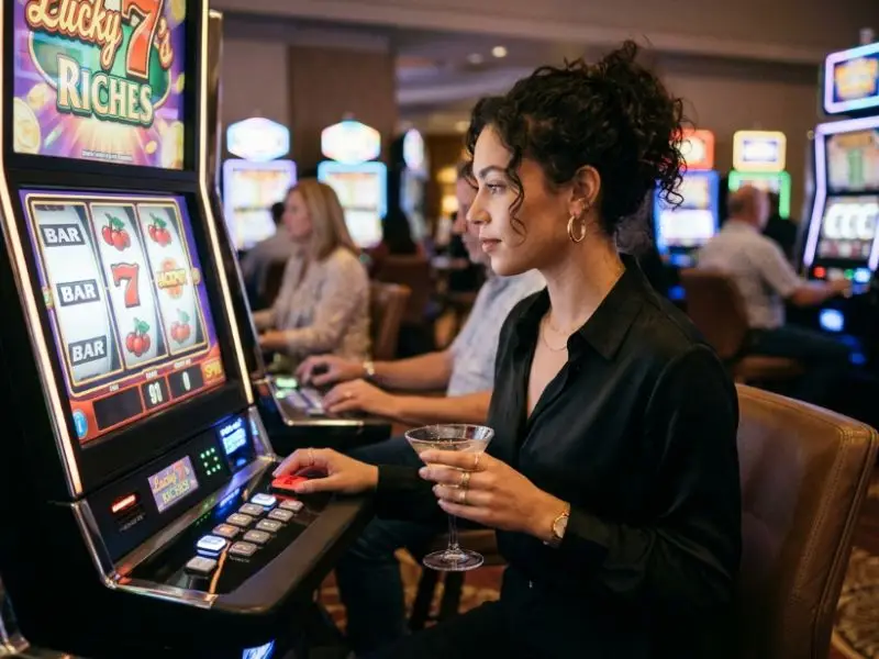 Chic young woman playing slot machines inside a casino, featured in 8k8 slots online promotional imagery.