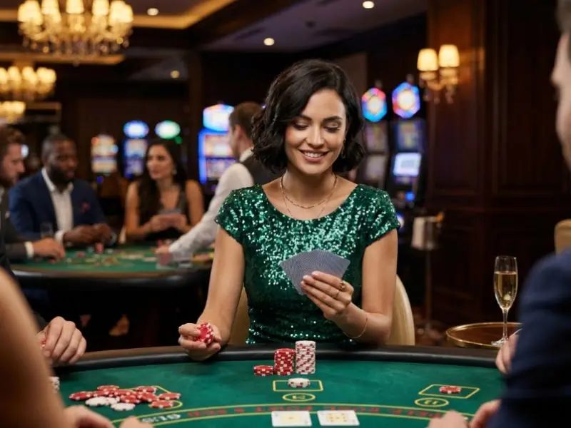 8k8 slots online glamorous woman holding playing cards inside a casino floor with slot machines in the background