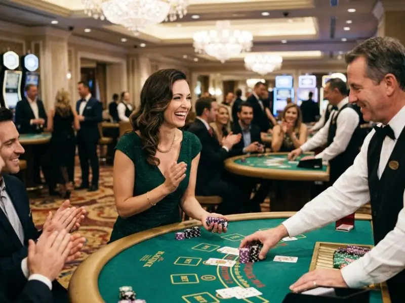 8k8 slots online – woman celebrating a slot machine win inside a casino, joyful expression with casino lights and chips visible