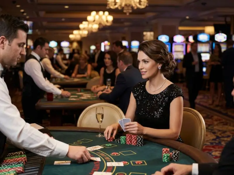 8k8 slots online glamorous female player sitting at a blackjack table inside a real casino, enjoying a card game in a lively gaming floor environment.