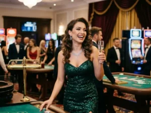 9s slot casino glamorous woman enjoying casino night inside a live casino floor surrounded by slot machines and lights