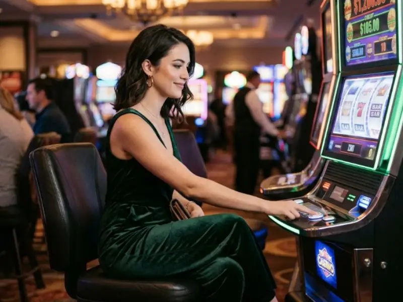 9s slot casino young lady playing slot machine inside a real casino floor with vibrant lights and gaming machines