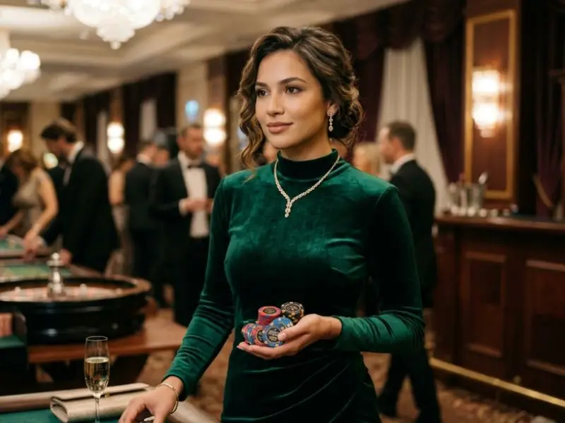 Elegant young woman holding casino chips inside a luxury casino floor, representing the atmosphere of fb777 slot casino login experience.