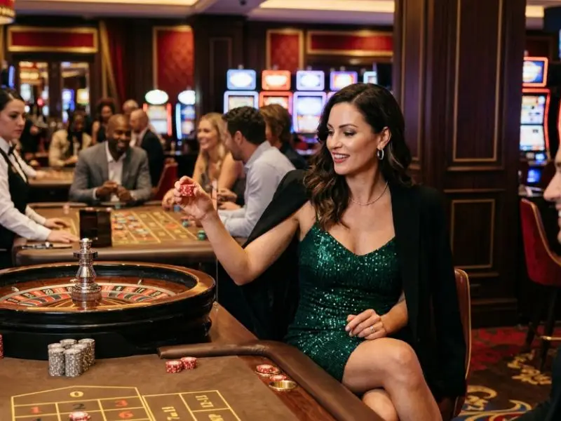 fb777 slot casino login Philippines – a young woman enjoying the lively atmosphere inside a real casino, surrounded by slot machines and vibrant lights