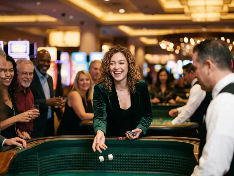 Woman enjoying slot machine games inside a real casino, smiling and having fun while playing, fb777 slot casino login Philippines themed visual for gaming content.