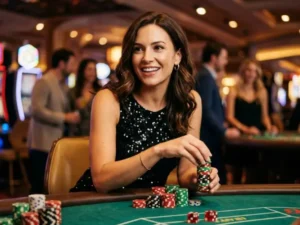 fb777 slot casino login Philippines woman player holding casino chips and dice inside a lively casino floor