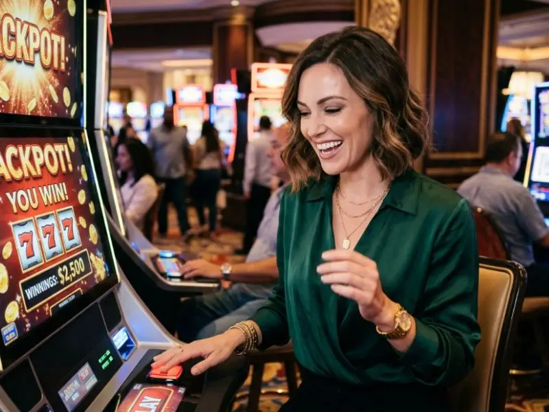 Stylish woman enjoying and winning at slot machines inside a casino floor, highlighting fb777 slot casino login promotion.
