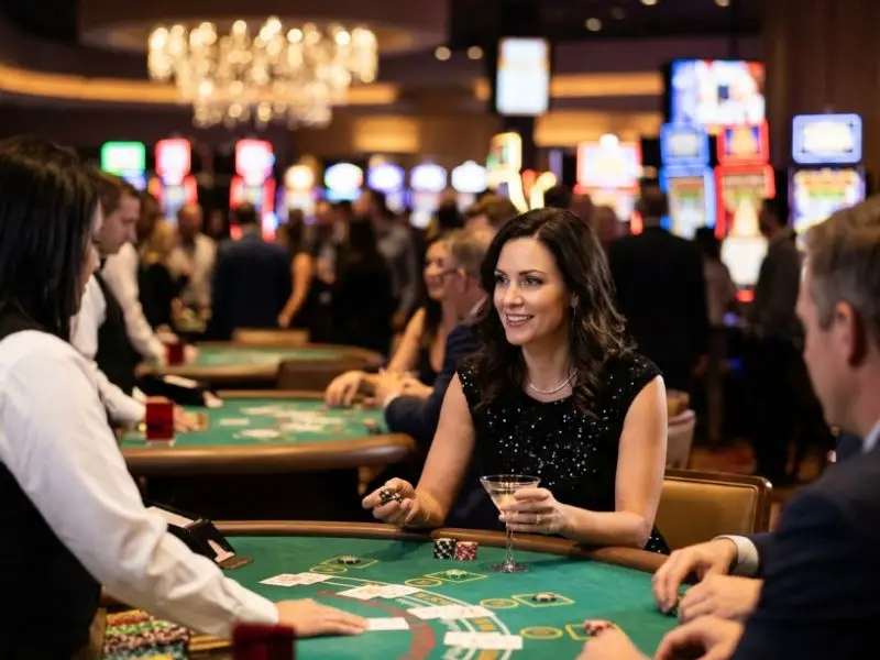 Woman enjoying lively casino atmosphere inside a gaming floor, illuminated slot machines and entertainment setting, fb777 slot casino login