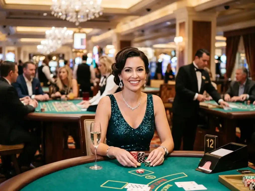 Elegant casino guest smiling and facing the camera while playing inside a real casino, associated with 10 best online casinos 2026, enjoying a lively gaming atmosphere at the table.