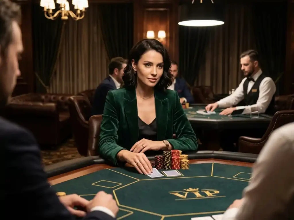 Stylish female player seated at a VIP poker table in a real casino, engaging in gameplay while showcasing the theme of the 10 best online casinos 2026 experience in a luxury gaming environment.