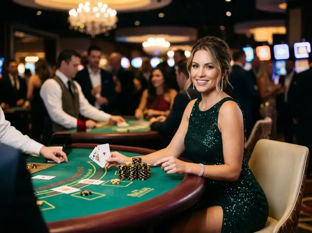 Glamorous woman playing blackjack at a real casino table at night, exploring are online casinos rigged tips while engaged in live gameplay