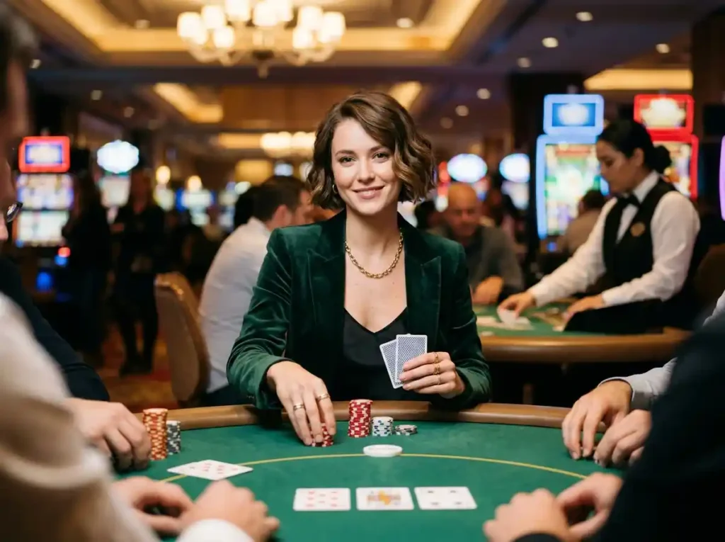 Woman sitting at a casino poker table in a real casino setting, focused on the game, while the concept of are online casinos rigged tips relates to understanding fairness and trust in online gambling platforms.