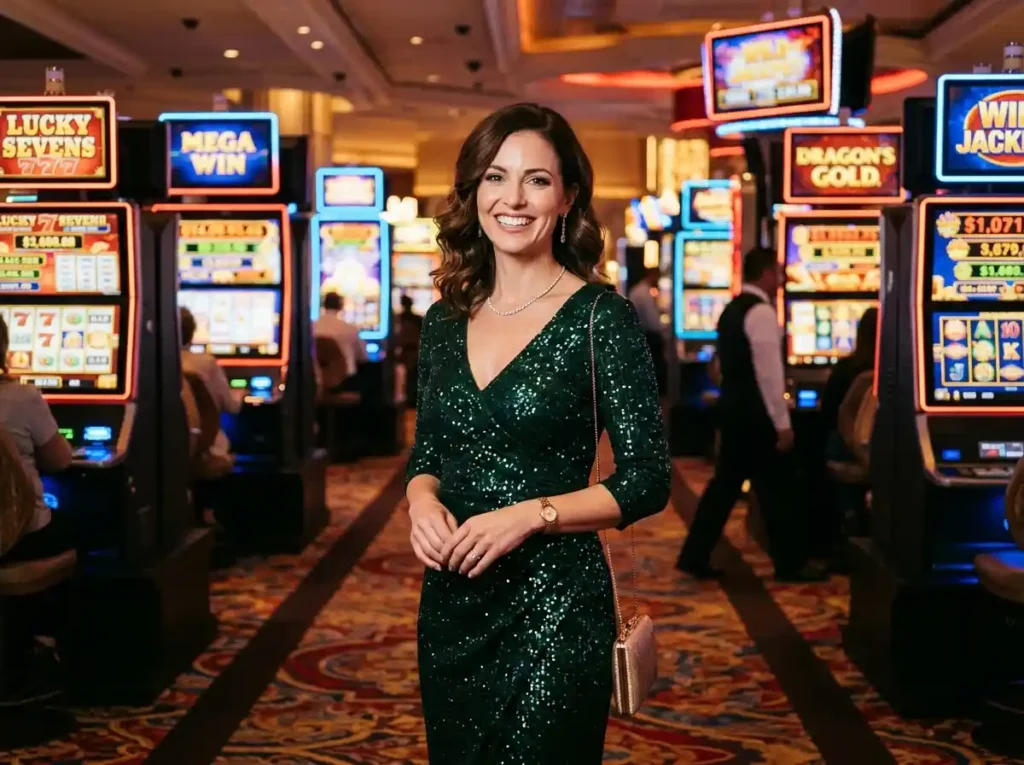 Woman smiling while sitting at a slot machine inside a real casino, reflecting on are online casinos rigged tips in a lively gaming environment.