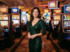 Woman smiling while sitting at a slot machine inside a real casino, reflecting on are online casinos rigged tips in a lively gaming environment.