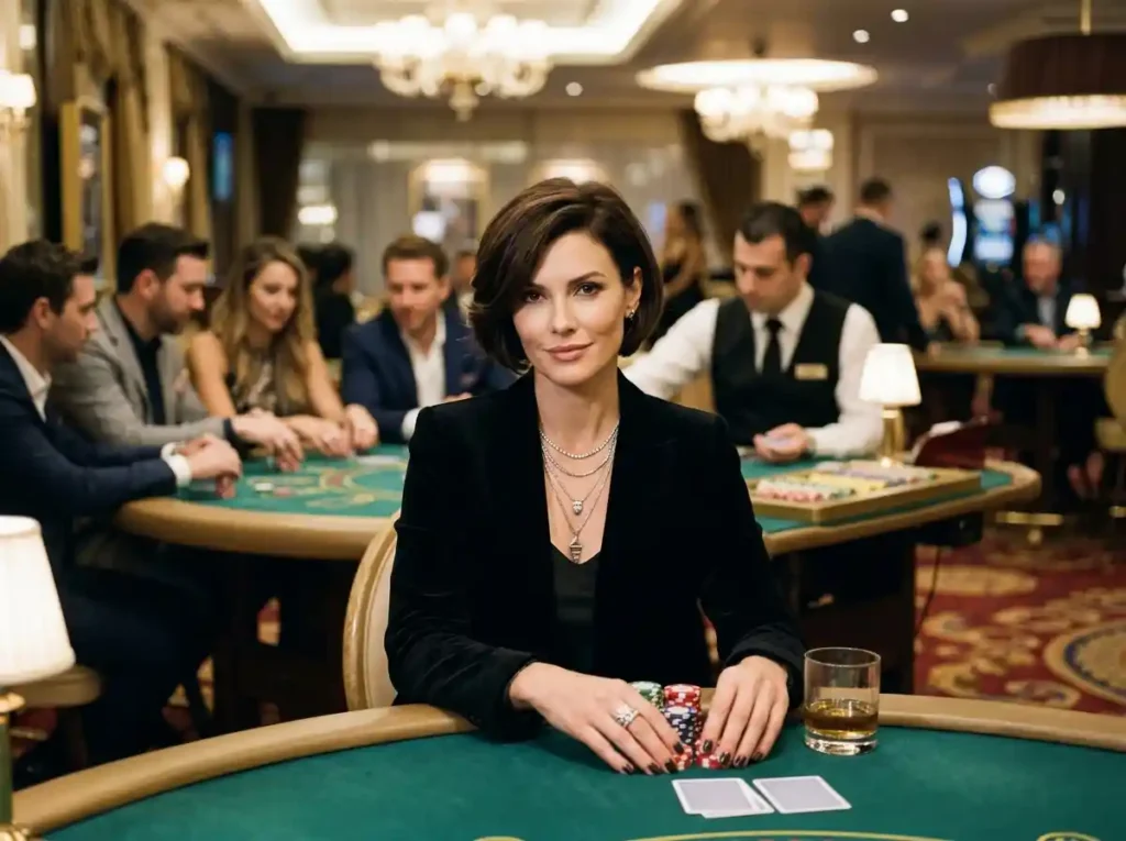 Chic woman inside a real casino sitting at a poker table looking at the camera, styled around aztec treasure free slot game 2026 online casino theme, without using a phone.